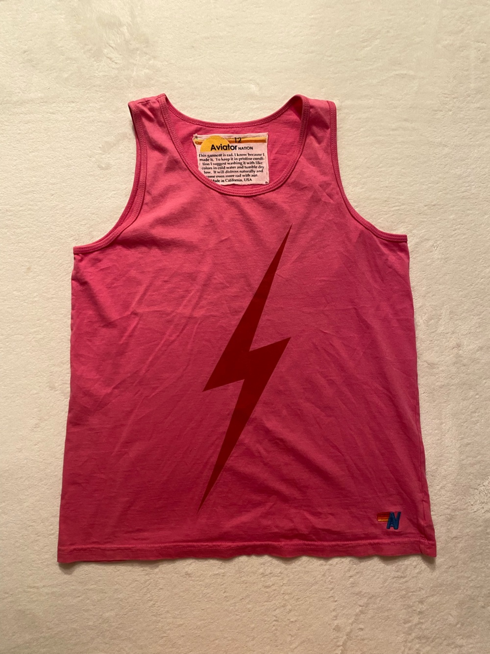 Aviator Nation Pink Lightning Bolt Tank Top Size 12 USA Made 100% Cotton